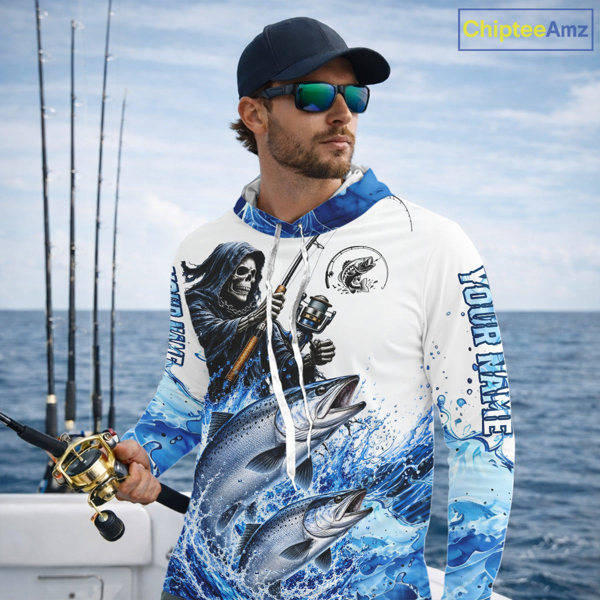 Custom Salmon Fishing Jersey Long Sleeve Grim Reaper Chinook Salmon Duo Fishing Shirt Apparel For Men NYN4358