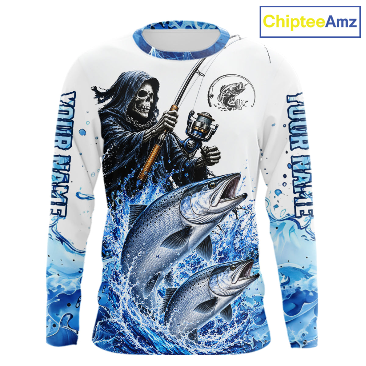 Custom Salmon Fishing Jersey Long Sleeve Grim Reaper Chinook Salmon Duo Fishing Shirt Apparel For Men NYN4358