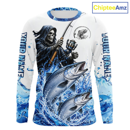 Custom Salmon Fishing Jersey Long Sleeve Grim Reaper Chinook Salmon Duo Fishing Shirt Apparel For Men NYN4358