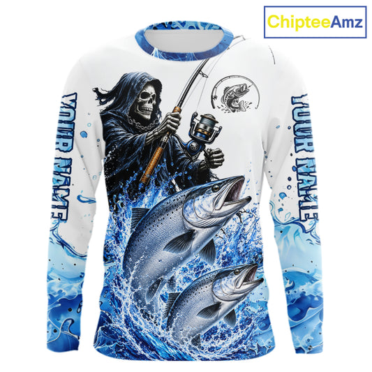 Custom Salmon Fishing Jersey Long Sleeve Grim Reaper Chinook Salmon Duo Fishing Shirt Apparel For Men NYN4358