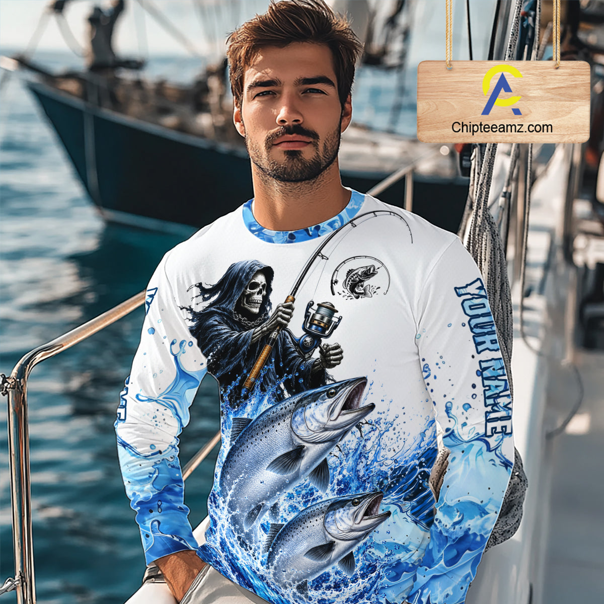 Custom Salmon Fishing Jersey Long Sleeve Grim Reaper Chinook Salmon Duo Fishing Shirt Apparel For Men NYN4358