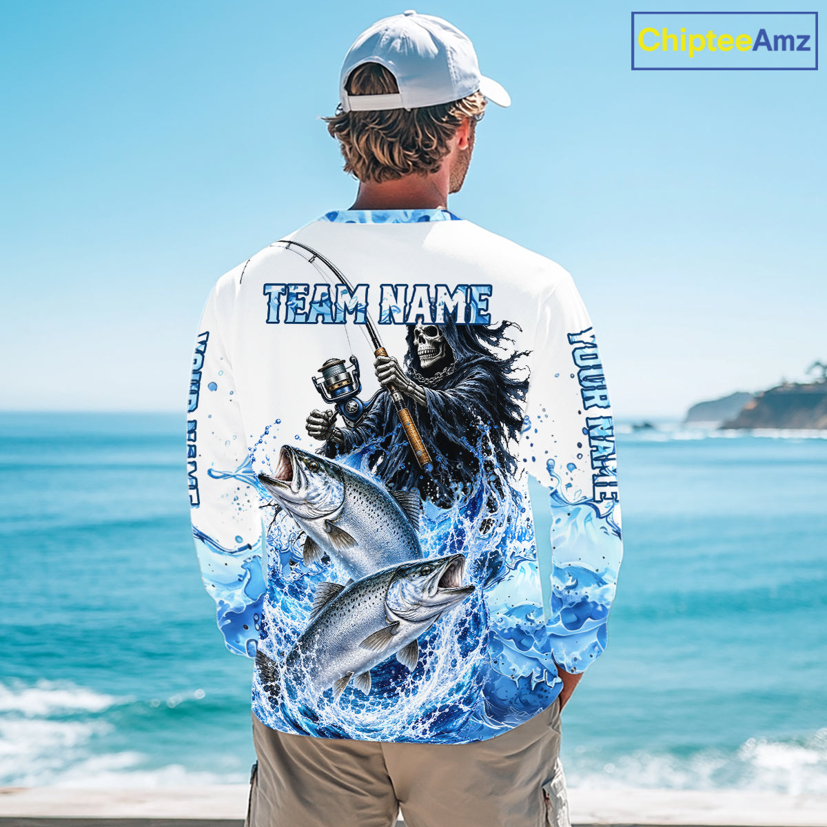 Custom Salmon Fishing Jersey Long Sleeve Grim Reaper Chinook Salmon Duo Fishing Shirt Apparel For Men NYN4358