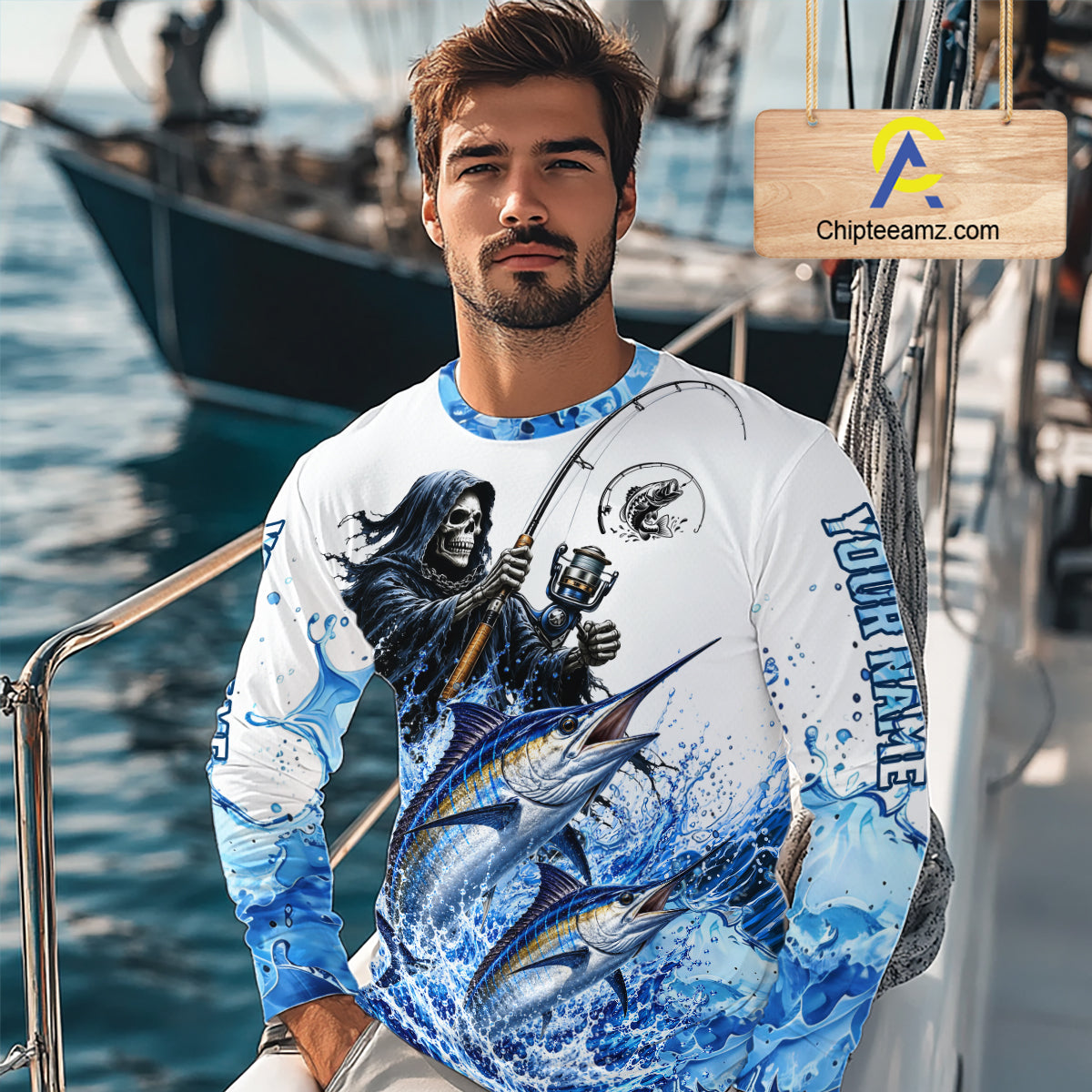 Custom Marlin Fishing Jersey Long Sleeve Grim Reaper Marlin Duo Fishing Shirt Apparel For Men NYN4359