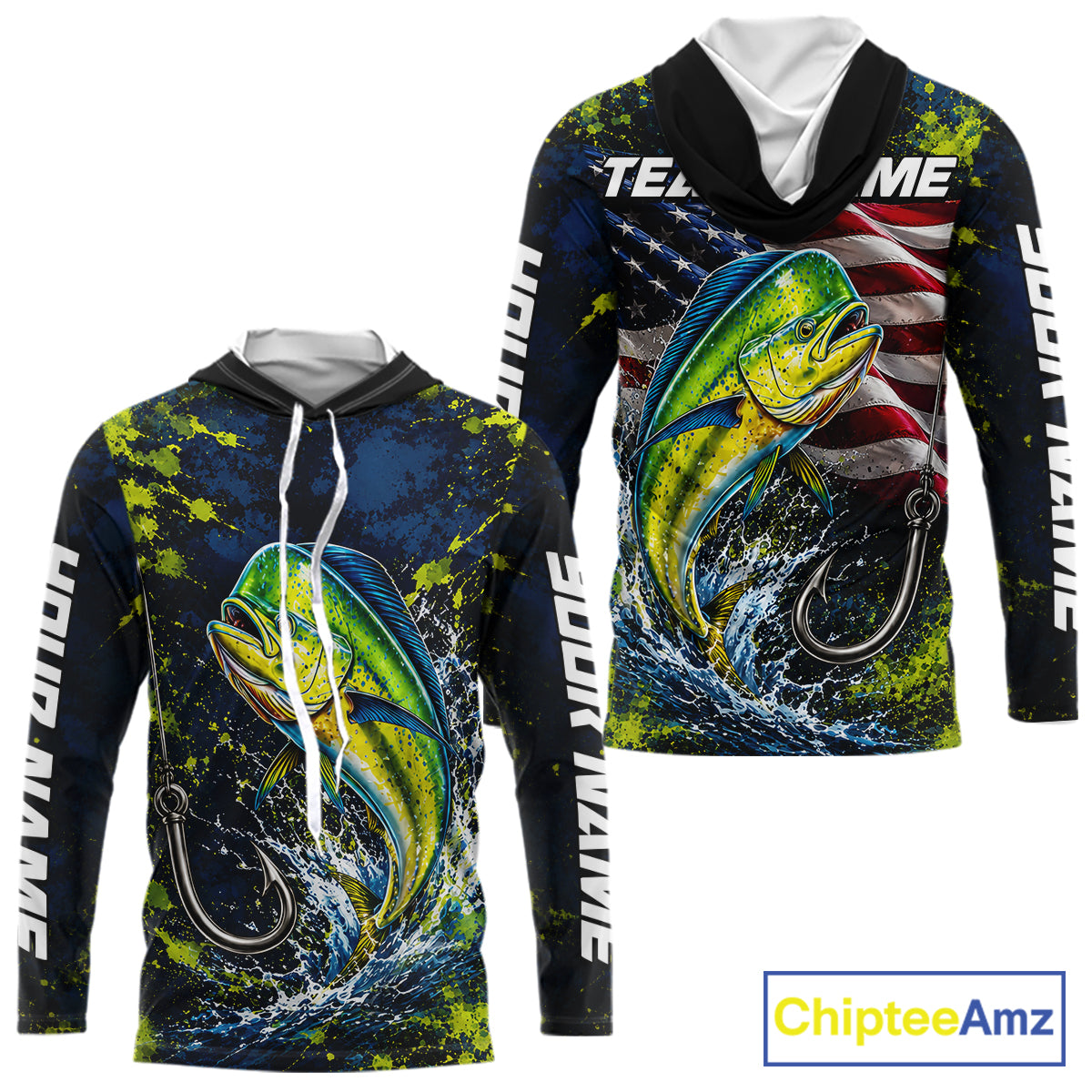 Personalized Mahi Mahi Splatter US Flag Fishing Jersey Custom Name Long Sleeve Fishing Shirt For Men NYN4362