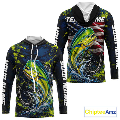 Personalized Mahi Mahi Splatter US Flag Fishing Jersey Custom Name Long Sleeve Fishing Shirt For Men NYN4362