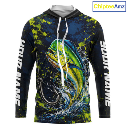Personalized Mahi Mahi Splatter US Flag Fishing Jersey Custom Name Long Sleeve Fishing Shirt For Men NYN4362
