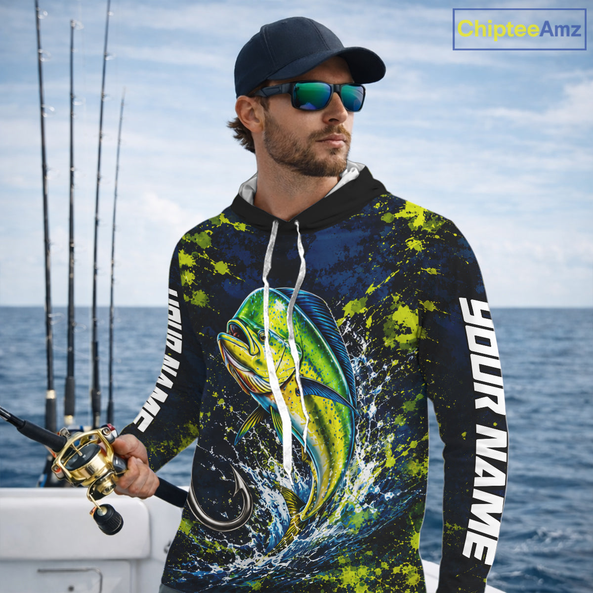 Personalized Mahi Mahi Splatter US Flag Fishing Jersey Custom Name Long Sleeve Fishing Shirt For Men NYN4362