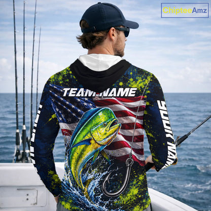 Personalized Mahi Mahi Splatter US Flag Fishing Jersey Custom Name Long Sleeve Fishing Shirt For Men NYN4362