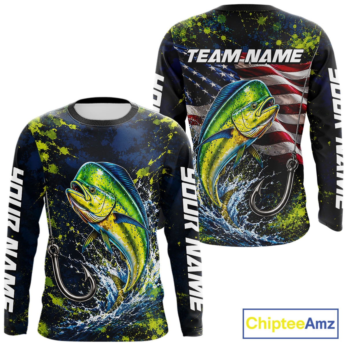 Personalized Mahi Mahi Splatter US Flag Fishing Jersey Custom Name Long Sleeve Fishing Shirt For Men NYN4362