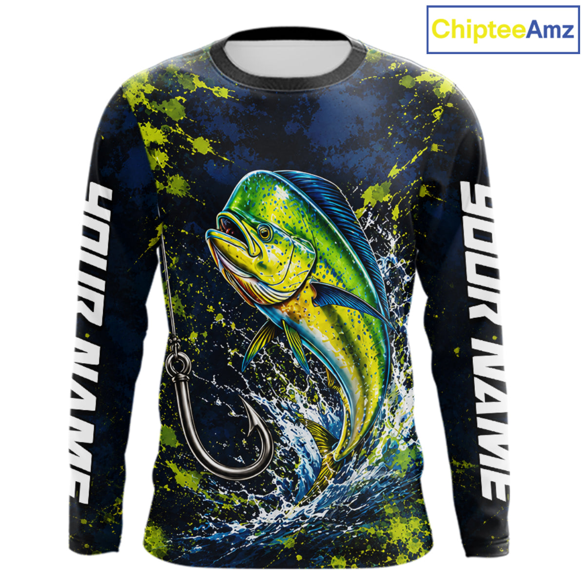 Personalized Mahi Mahi Splatter US Flag Fishing Jersey Custom Name Long Sleeve Fishing Shirt For Men NYN4362