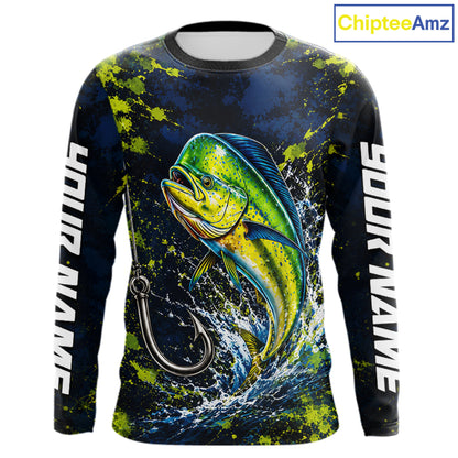 Personalized Mahi Mahi Splatter US Flag Fishing Jersey Custom Name Long Sleeve Fishing Shirt For Men NYN4362