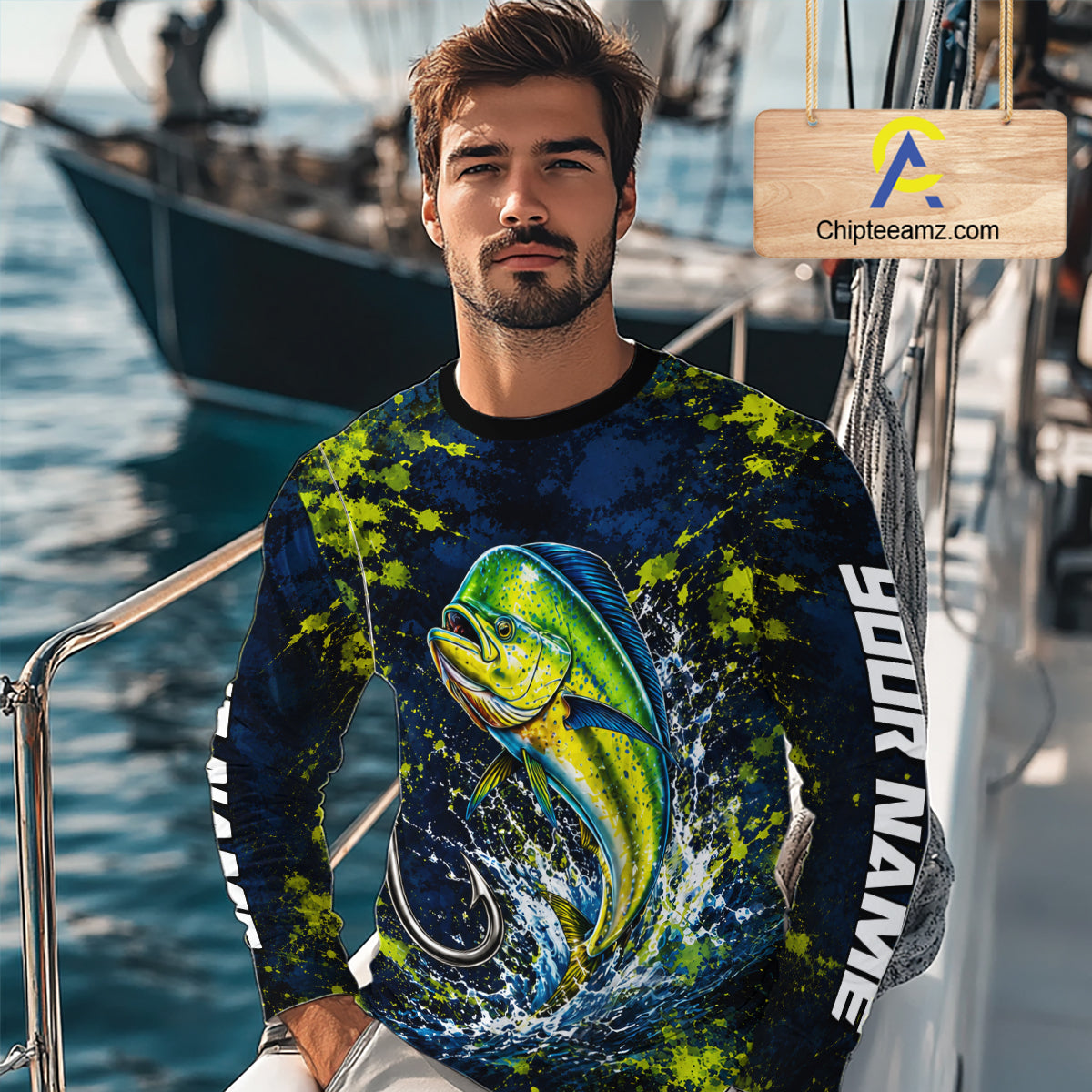 Personalized Mahi Mahi Splatter US Flag Fishing Jersey Custom Name Long Sleeve Fishing Shirt For Men NYN4362