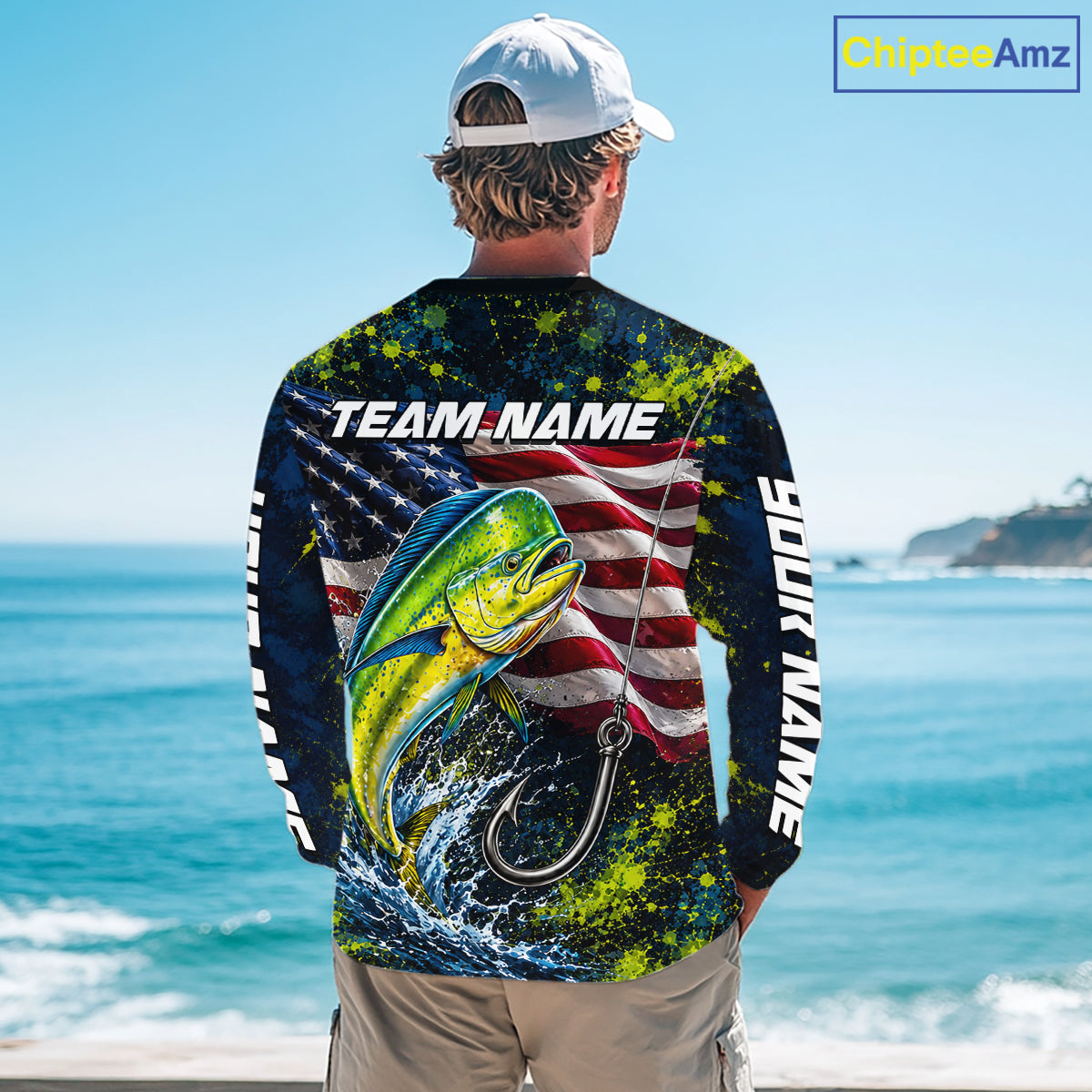 Personalized Mahi Mahi Splatter US Flag Fishing Jersey Custom Name Long Sleeve Fishing Shirt For Men NYN4362