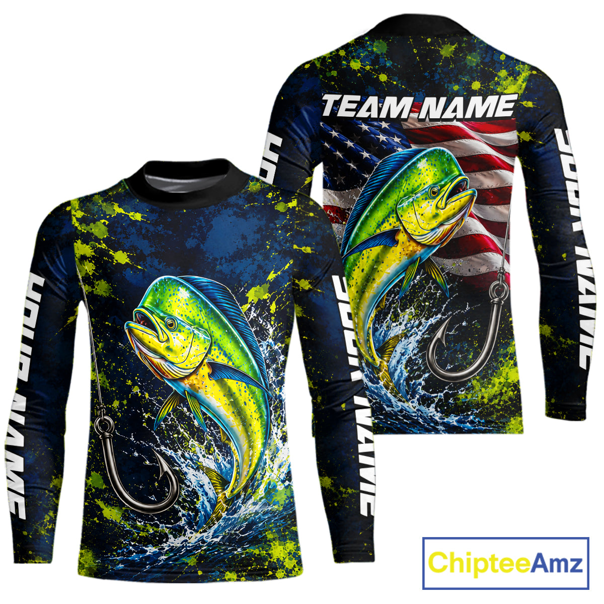Personalized Mahi Mahi Splatter US Flag Fishing Jersey Custom Name Long Sleeve Fishing Shirt For Men NYN4362