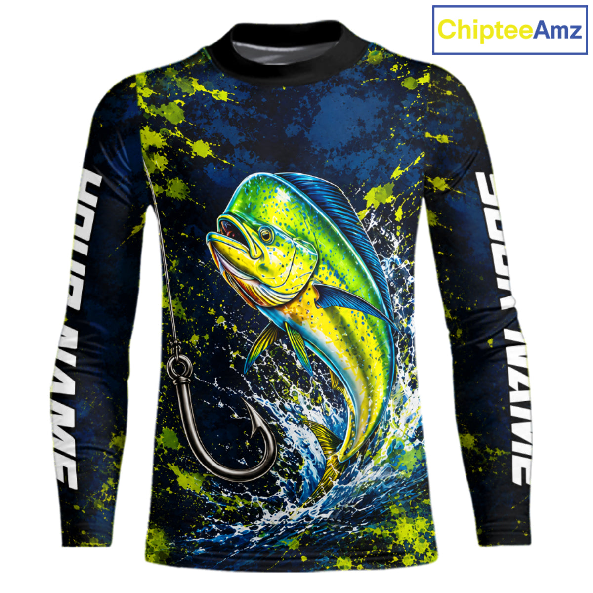 Personalized Mahi Mahi Splatter US Flag Fishing Jersey Custom Name Long Sleeve Fishing Shirt For Men NYN4362