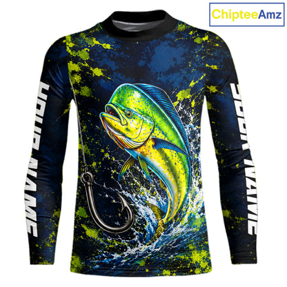 Personalized Mahi Mahi Splatter US Flag Fishing Jersey Custom Name Long Sleeve Fishing Shirt For Men NYN4362