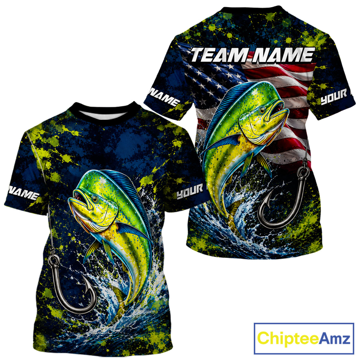 Personalized Mahi Mahi Splatter US Flag Fishing Jersey Custom Name Long Sleeve Fishing Shirt For Men NYN4362