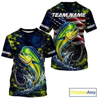 Personalized Mahi Mahi Splatter US Flag Fishing Jersey Custom Name Long Sleeve Fishing Shirt For Men NYN4362