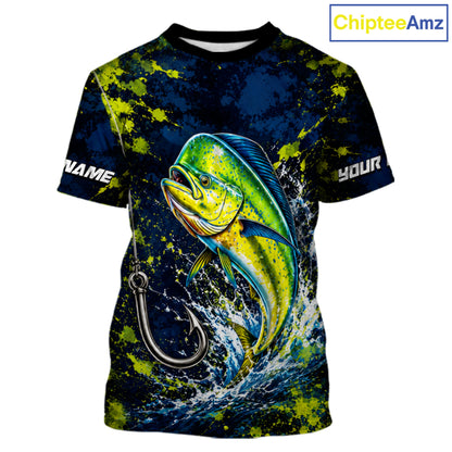 Personalized Mahi Mahi Splatter US Flag Fishing Jersey Custom Name Long Sleeve Fishing Shirt For Men NYN4362