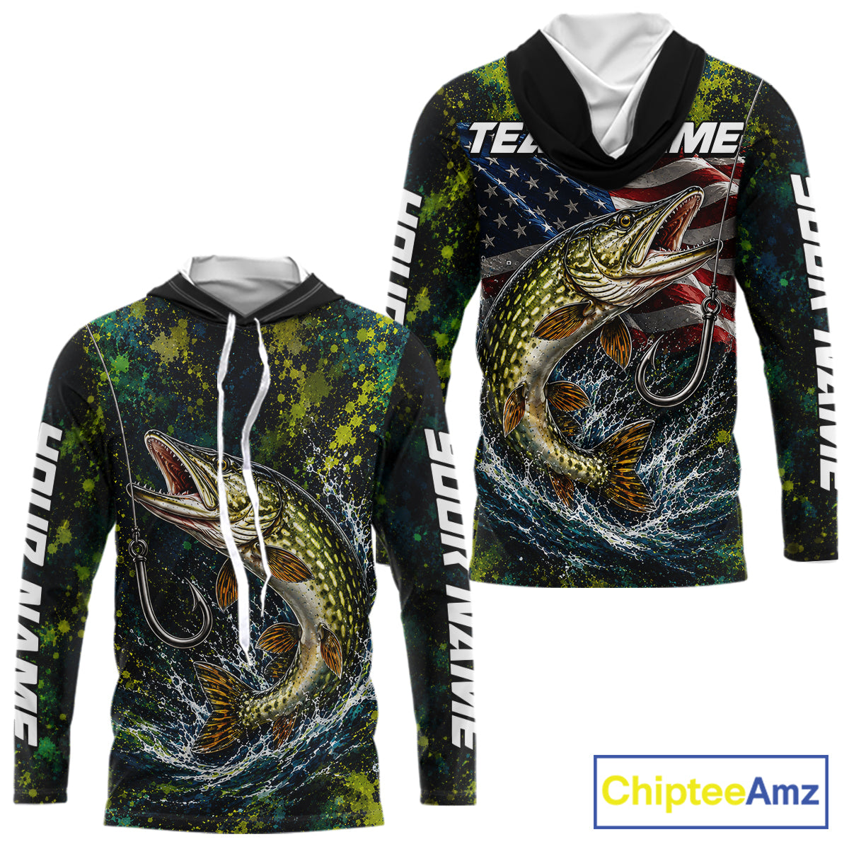 Personalized Pike Splatter US Flag Fishing Jersey Custom Name Long Sleeve Fishing Shirt For Men NYN4363
