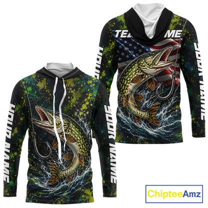 Personalized Pike Splatter US Flag Fishing Jersey Custom Name Long Sleeve Fishing Shirt For Men NYN4363