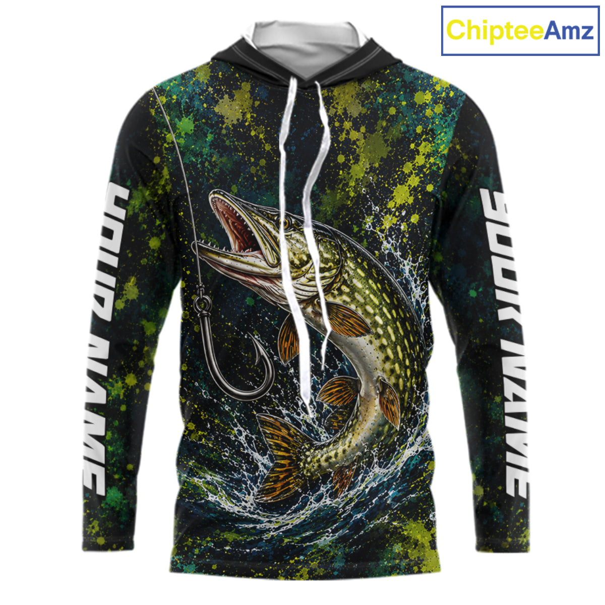 Personalized Pike Splatter US Flag Fishing Jersey Custom Name Long Sleeve Fishing Shirt For Men NYN4363
