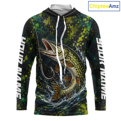 Personalized Pike Splatter US Flag Fishing Jersey Custom Name Long Sleeve Fishing Shirt For Men NYN4363
