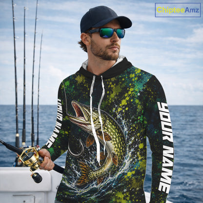 Personalized Pike Splatter US Flag Fishing Jersey Custom Name Long Sleeve Fishing Shirt For Men NYN4363