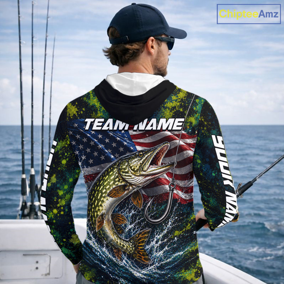 Personalized Pike Splatter US Flag Fishing Jersey Custom Name Long Sleeve Fishing Shirt For Men NYN4363