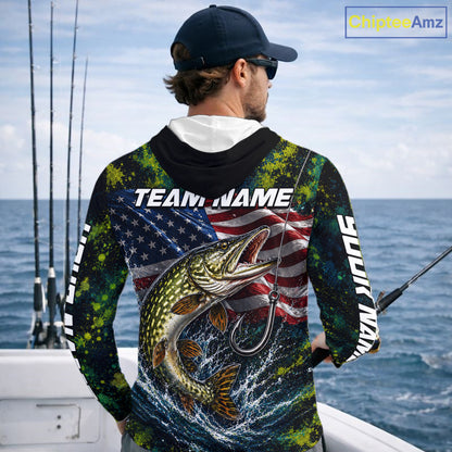 Personalized Pike Splatter US Flag Fishing Jersey Custom Name Long Sleeve Fishing Shirt For Men NYN4363