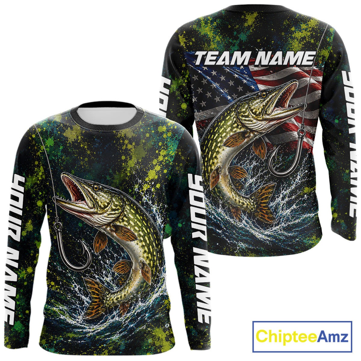 Personalized Pike Splatter US Flag Fishing Jersey Custom Name Long Sleeve Fishing Shirt For Men NYN4363
