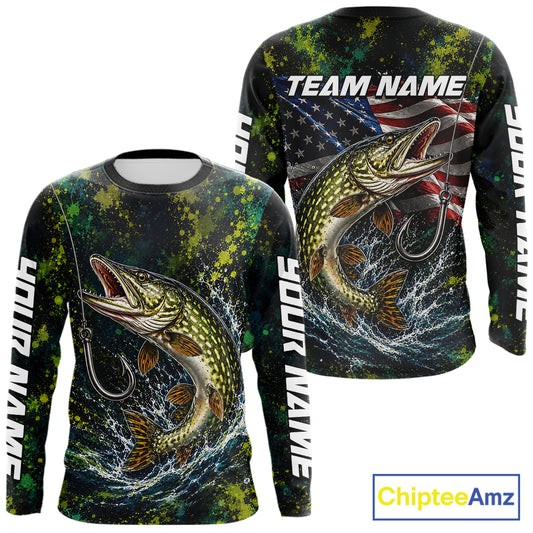 Personalized Pike Splatter US Flag Fishing Jersey Custom Name Long Sleeve Fishing Shirt For Men NYN4363