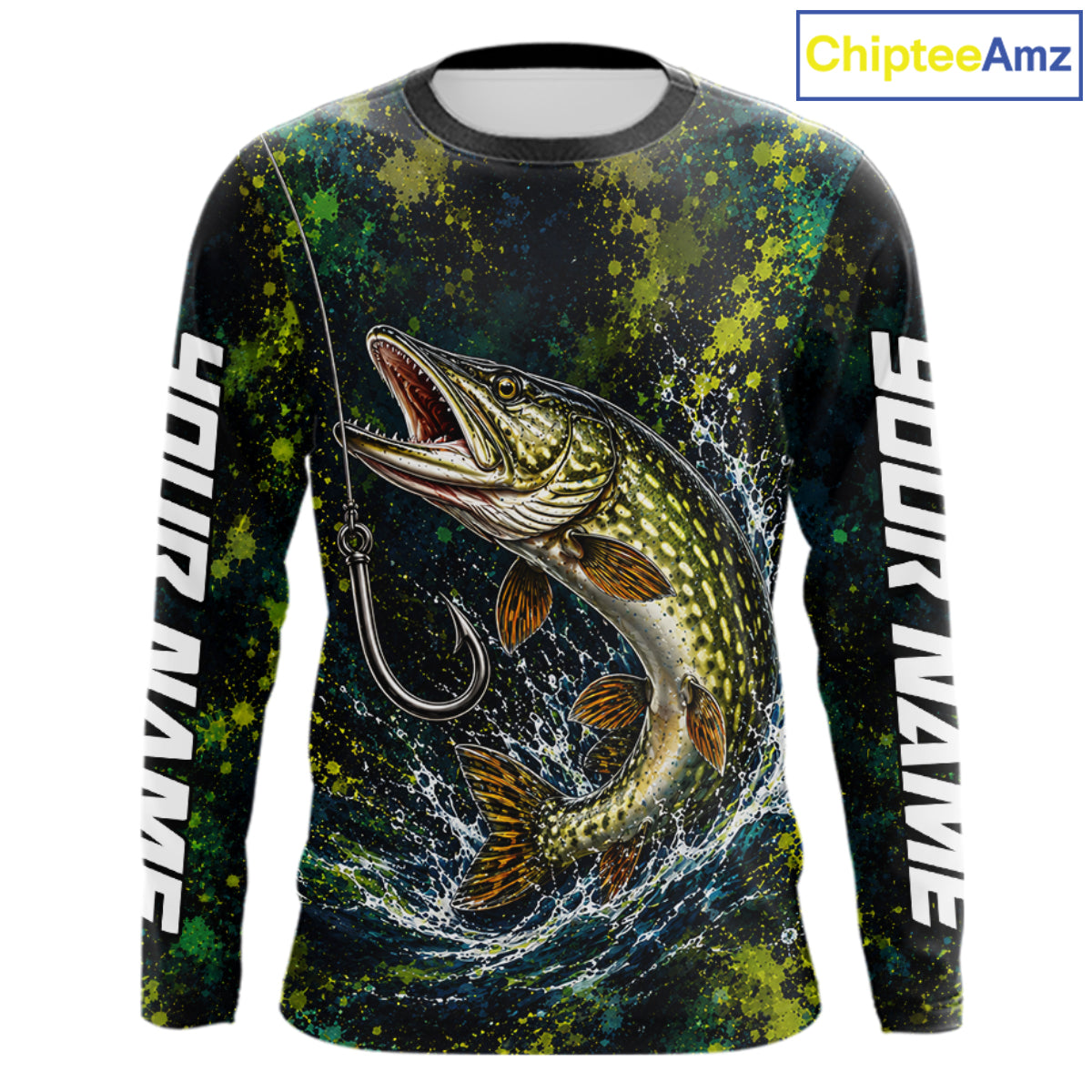 Personalized Pike Splatter US Flag Fishing Jersey Custom Name Long Sleeve Fishing Shirt For Men NYN4363