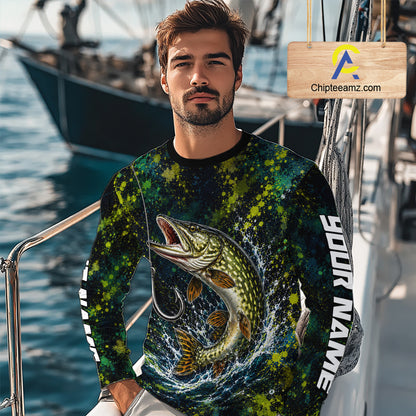 Personalized Pike Splatter US Flag Fishing Jersey Custom Name Long Sleeve Fishing Shirt For Men NYN4363