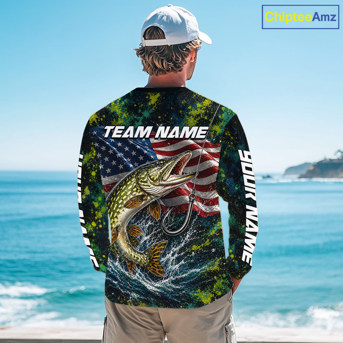 Personalized Pike Splatter US Flag Fishing Jersey Custom Name Long Sleeve Fishing Shirt For Men NYN4363