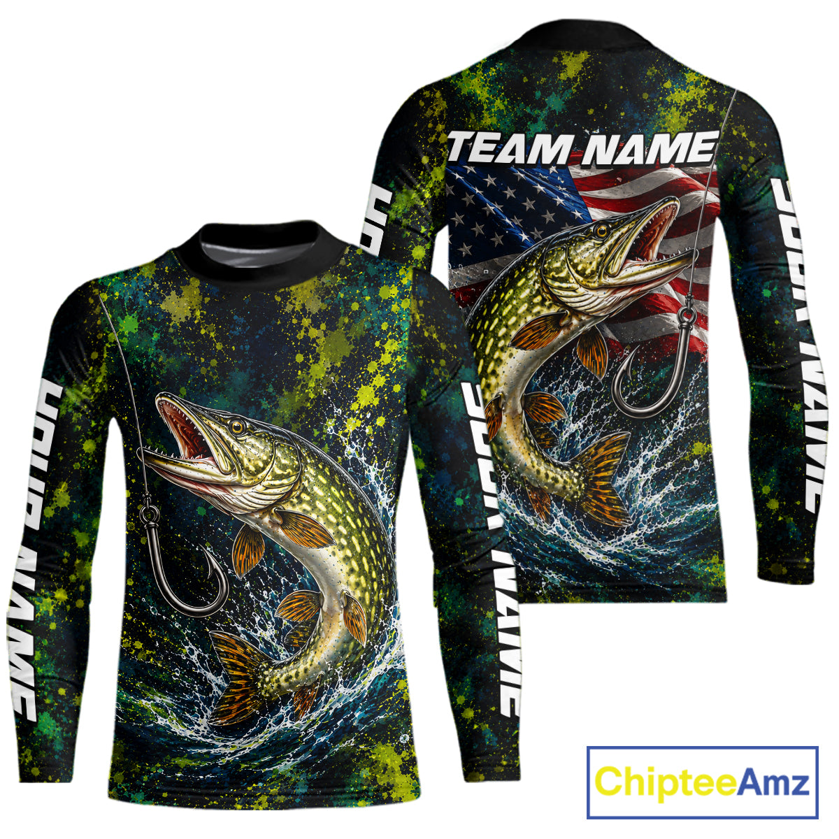 Personalized Pike Splatter US Flag Fishing Jersey Custom Name Long Sleeve Fishing Shirt For Men NYN4363