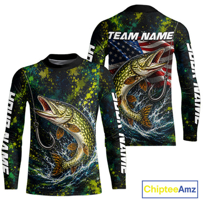 Personalized Pike Splatter US Flag Fishing Jersey Custom Name Long Sleeve Fishing Shirt For Men NYN4363