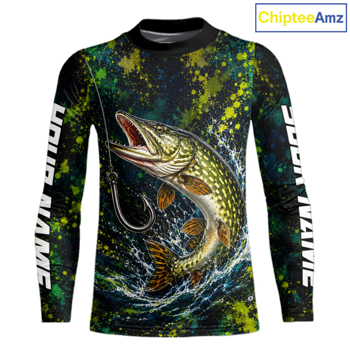 Personalized Pike Splatter US Flag Fishing Jersey Custom Name Long Sleeve Fishing Shirt For Men NYN4363