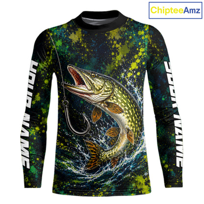 Personalized Pike Splatter US Flag Fishing Jersey Custom Name Long Sleeve Fishing Shirt For Men NYN4363