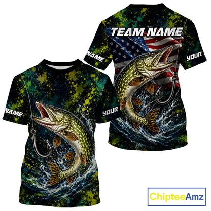 Personalized Pike Splatter US Flag Fishing Jersey Custom Name Long Sleeve Fishing Shirt For Men NYN4363