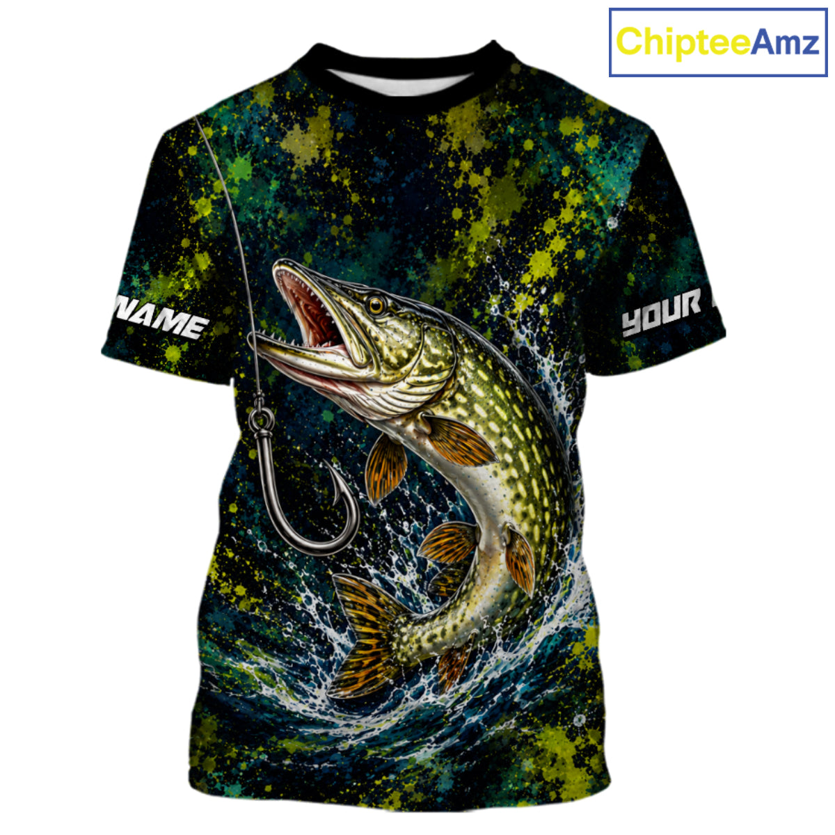 Personalized Pike Splatter US Flag Fishing Jersey Custom Name Long Sleeve Fishing Shirt For Men NYN4363