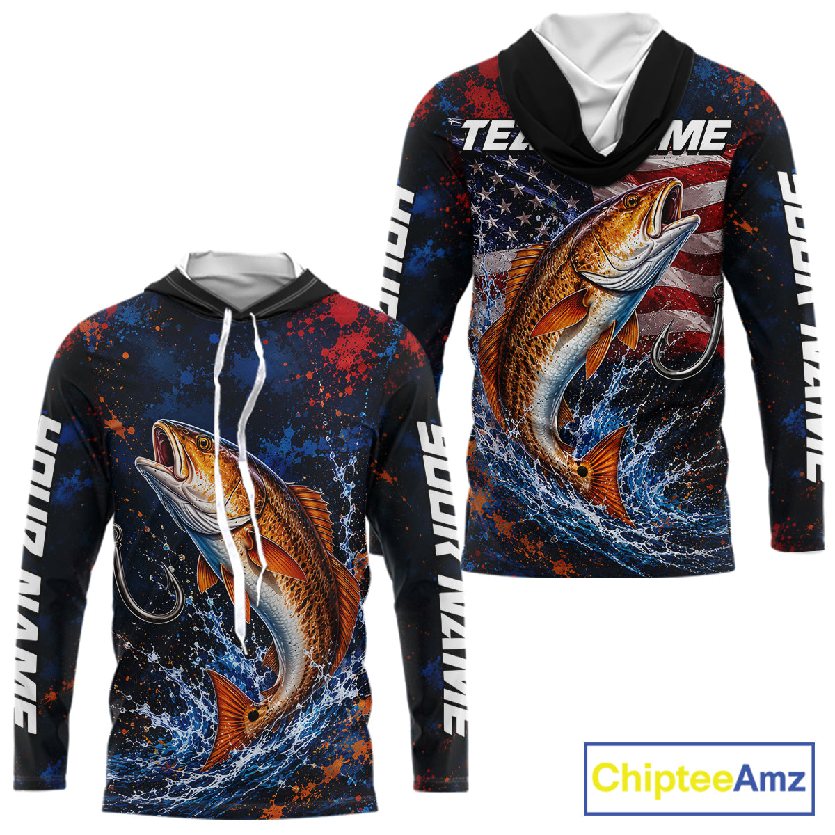 Personalized Redfish Splatter US Flag Fishing Jersey Custom Name Long Sleeve Fishing Shirt For Men NYN4364