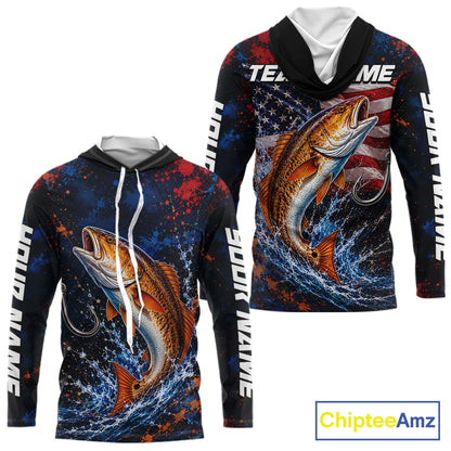Personalized Redfish Splatter US Flag Fishing Jersey Custom Name Long Sleeve Fishing Shirt For Men NYN4364