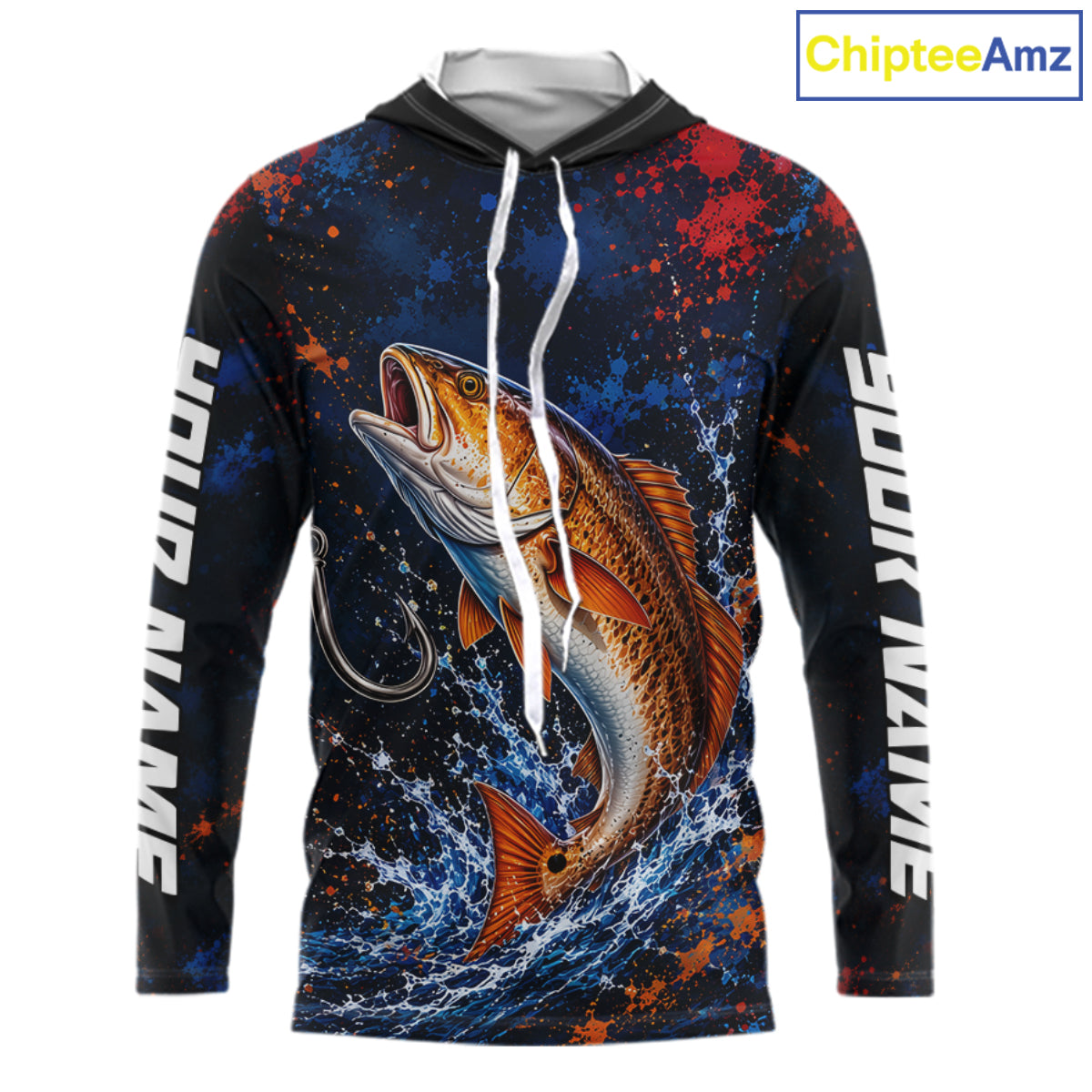 Personalized Redfish Splatter US Flag Fishing Jersey Custom Name Long Sleeve Fishing Shirt For Men NYN4364