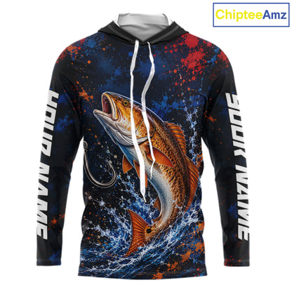 Personalized Redfish Splatter US Flag Fishing Jersey Custom Name Long Sleeve Fishing Shirt For Men NYN4364