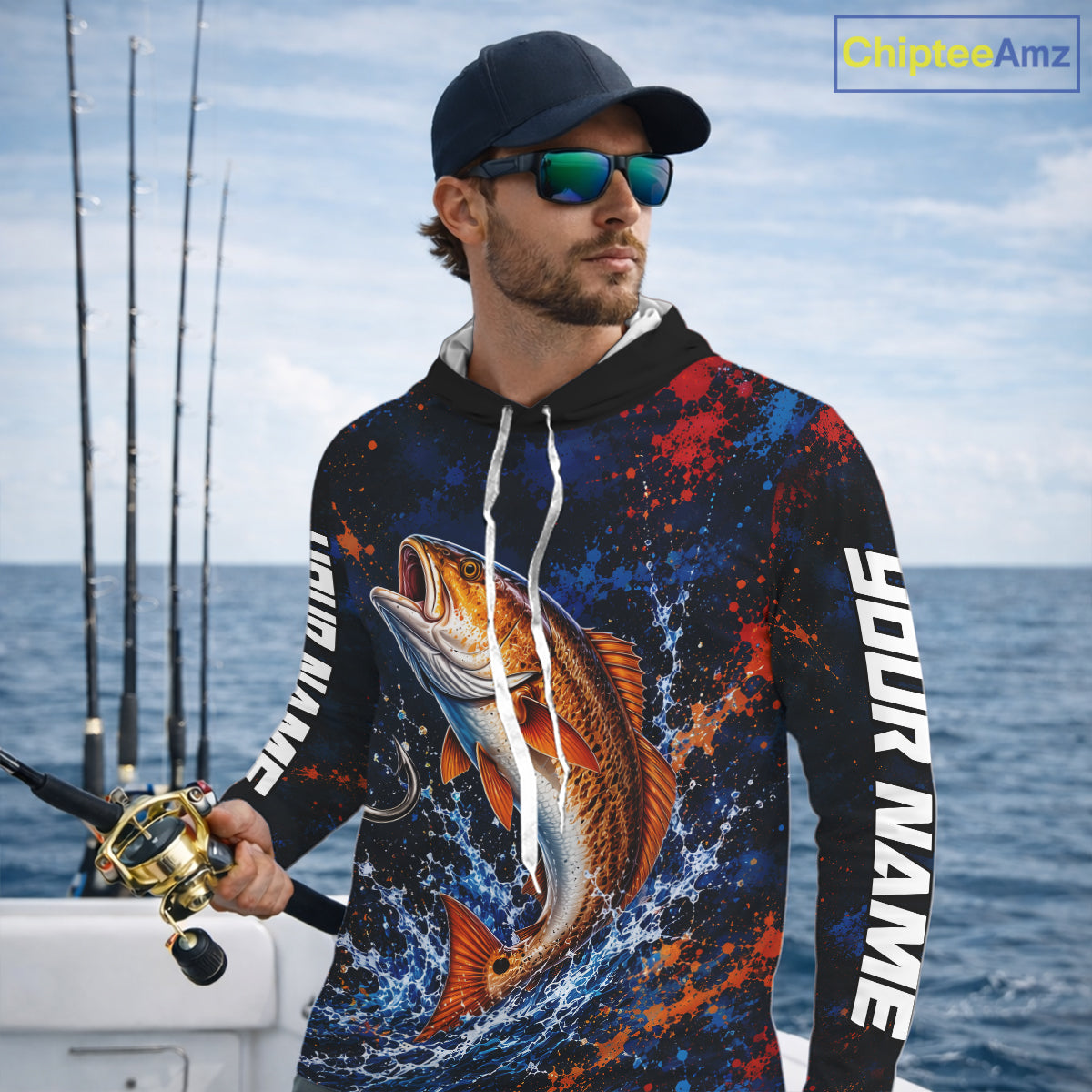Personalized Redfish Splatter US Flag Fishing Jersey Custom Name Long Sleeve Fishing Shirt For Men NYN4364