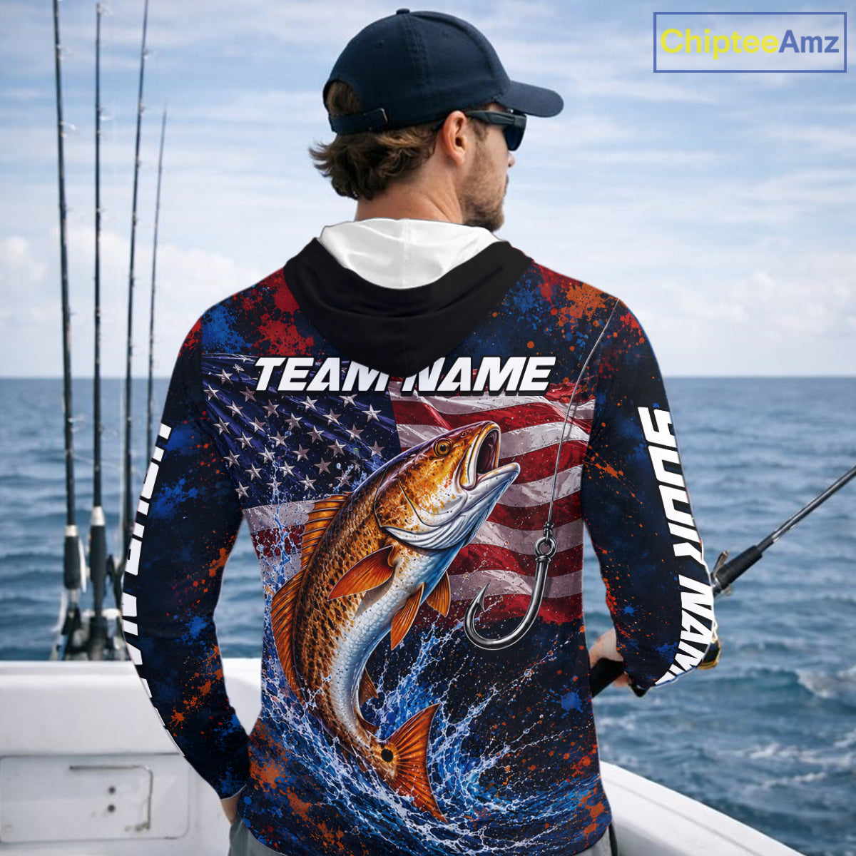 Personalized Redfish Splatter US Flag Fishing Jersey Custom Name Long Sleeve Fishing Shirt For Men NYN4364