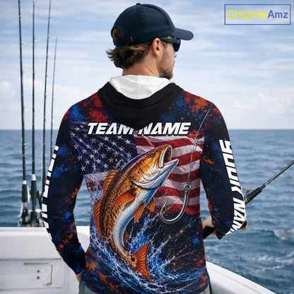 Personalized Redfish Splatter US Flag Fishing Jersey Custom Name Long Sleeve Fishing Shirt For Men NYN4364