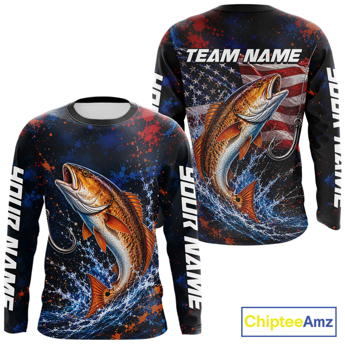 Personalized Redfish Splatter US Flag Fishing Jersey Custom Name Long Sleeve Fishing Shirt For Men NYN4364