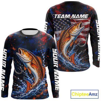 Personalized Redfish Splatter US Flag Fishing Jersey Custom Name Long Sleeve Fishing Shirt For Men NYN4364